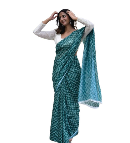 Generic Women's Linen Floral Printed Saree With Unstitched Blouse - 5.5 Mtr (Teal Green)