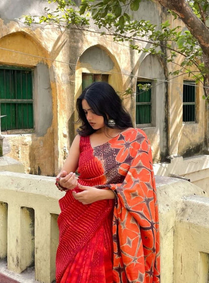 Generic Women's Linen Floral Printed Saree With Unstitched Blouse - 5.5 Mtr (Red-Orange)