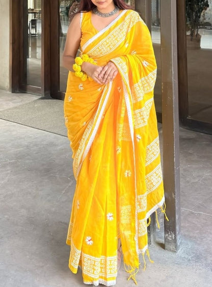Generic Women's Linen Floral Printed Saree With Unstitched Blouse - 5.5 Mtr (Yellow)