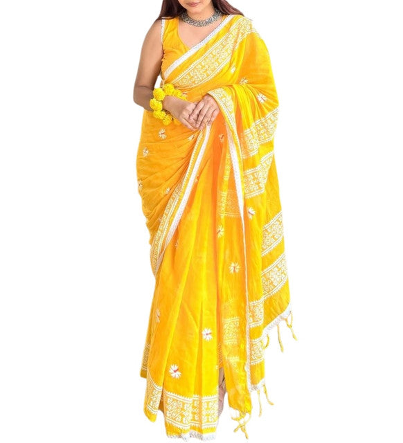 Generic Women's Linen Floral Printed Saree With Unstitched Blouse - 5.5 Mtr (Yellow)