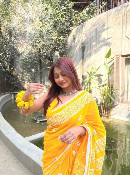 Generic Women's Linen Floral Printed Saree With Unstitched Blouse - 5.5 Mtr (Yellow)