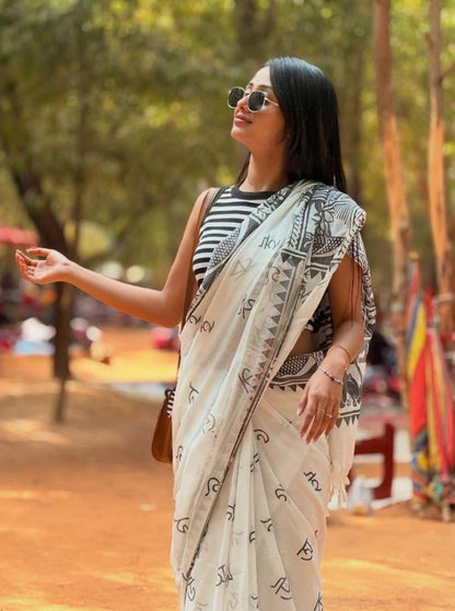 Generic Women's Linen Kalamkari Printed Saree With Unstitched Blouse - 5.5 Mtr (White-Black)