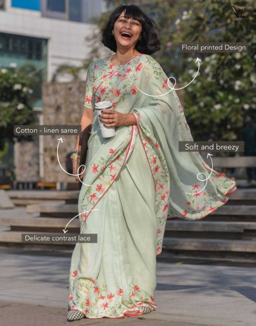 Generic Women's Linen Floral Printed Saree With Unstitched Blouse - 5.5 Mtr (Light Green)