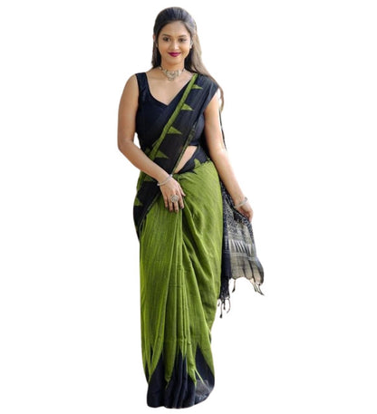Generic Women's Linen Kalamkari Printed Saree With Unstitched Blouse - 5.5 Mtr (Olive Green-Black)