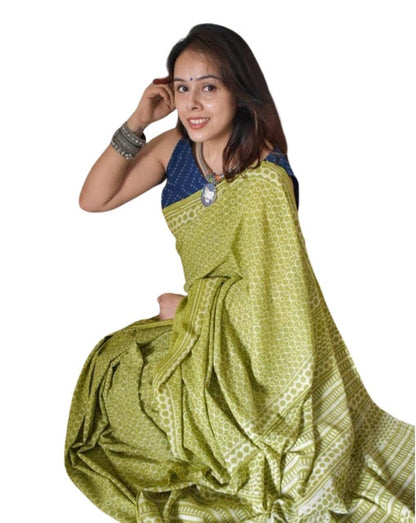 Generic Women's Linen Printed Saree With Unstitched Blouse - 5.5 Mtr (Green)