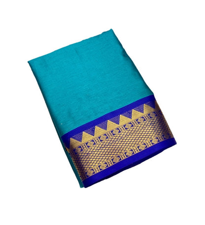 Generic Women's Cotton Silk Striped Saree With Unstitched Blouse - 5.5 Mtr (Teal-Royal Blue)