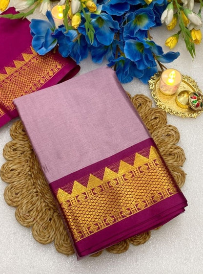 Generic Women's Cotton Silk Striped Saree With Unstitched Blouse - 5.5 Mtr (Lavender-Maroon)