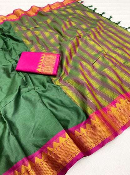 Generic Women's Cotton Silk Striped Saree With Unstitched Blouse - 5.5 Mtr (Dark Green-Magenta)