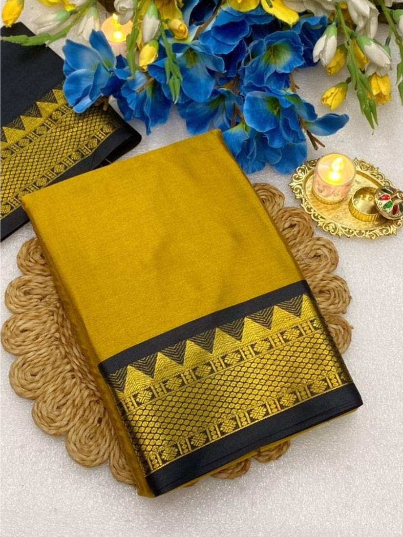 Generic Women's Cotton Silk Striped Saree With Unstitched Blouse - 5.5 Mtr (Mustard Yellow-Black)