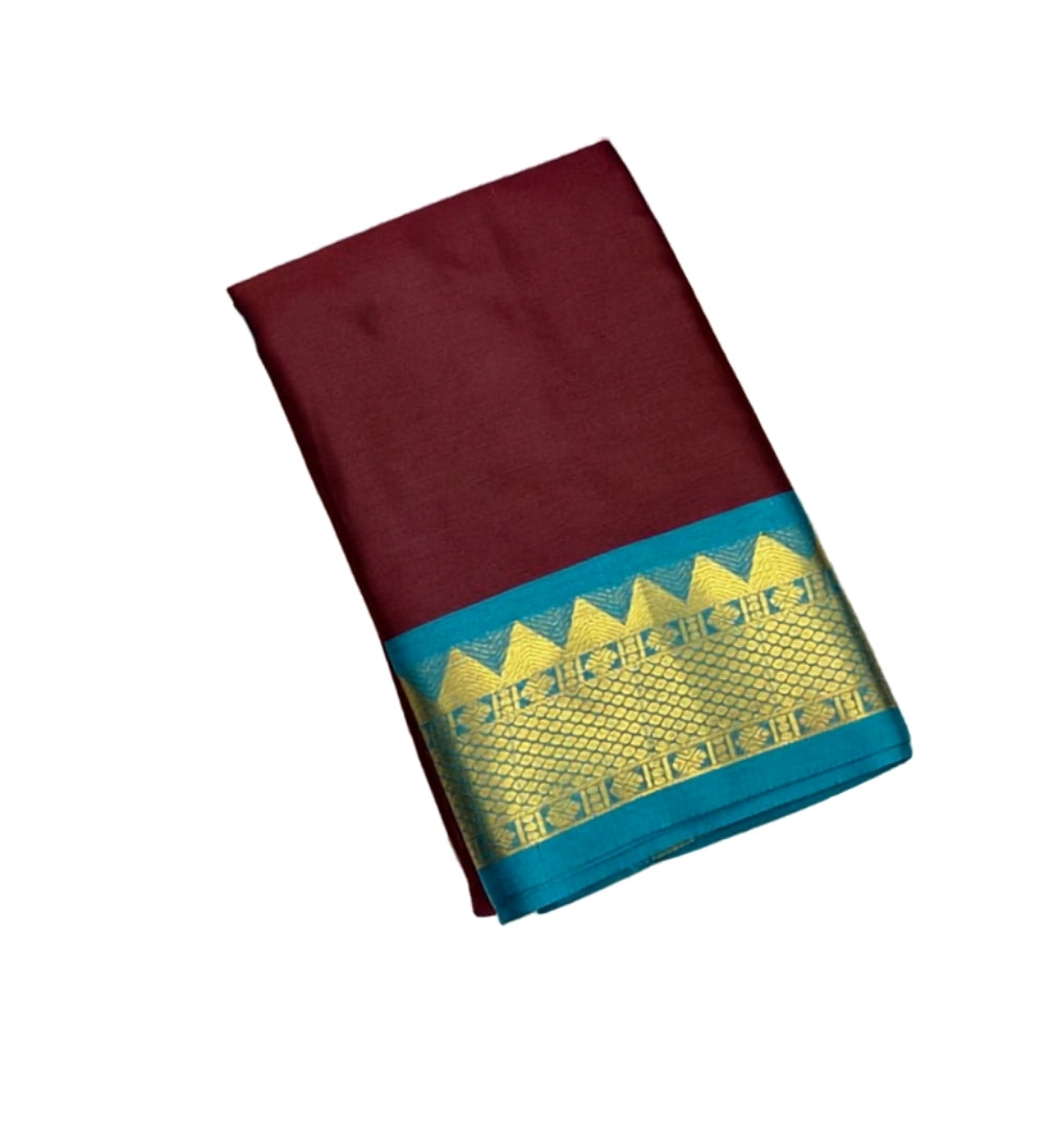 Generic Women's Cotton Silk Striped Saree With Unstitched Blouse - 5.5 Mtr (Maroon-Turquoise)