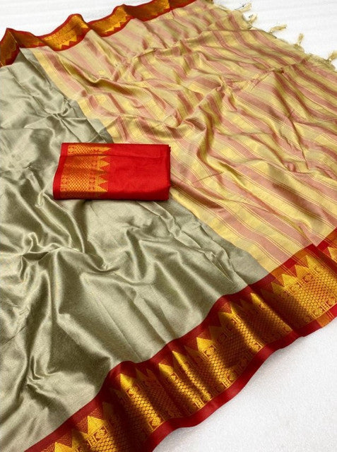 Generic Women's Cotton Silk Striped Saree With Unstitched Blouse - 5.5 Mtr (Beige-Red)