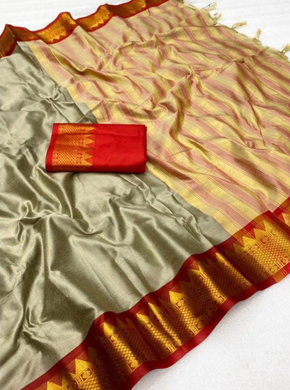 Generic Women's Cotton Silk Striped Saree With Unstitched Blouse - 5.5 Mtr (Beige-Red)