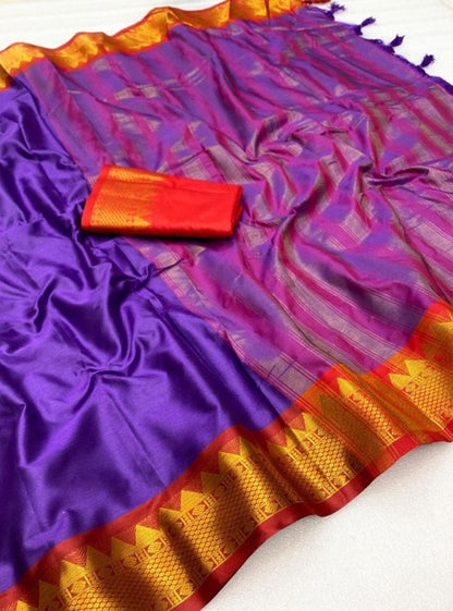 Generic Women's Cotton Silk Striped Saree With Unstitched Blouse - 5.5 Mtr (Purple-Red)