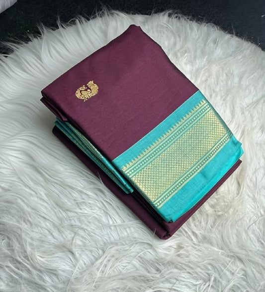 Generic Women's Cotton Silk Solid Saree With Unstitched Blouse - 5.5 Mtr (Purple-Turquoise)