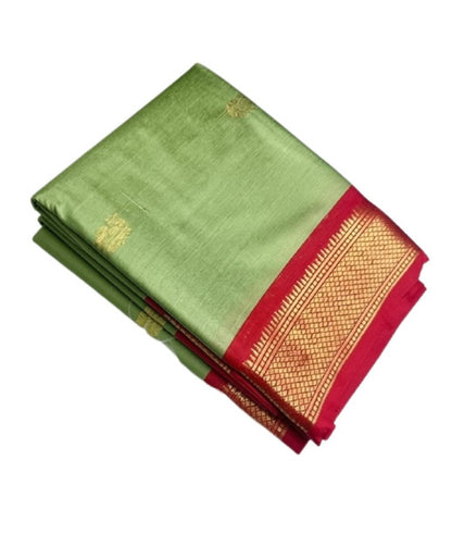 Generic Women's Cotton Silk Solid Saree With Unstitched Blouse - 5.5 Mtr (Pista Green-Red)