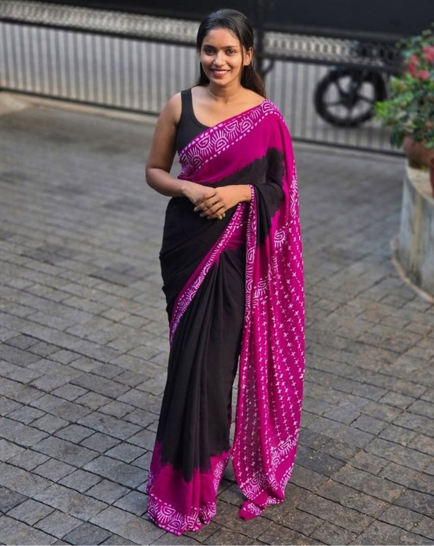 Generic Women's Linen Printed Saree With Unstitched Blouse - 5.5 Mtr (Black-Pink)