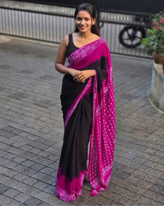 Generic Women's Linen Printed Saree With Unstitched Blouse - 5.5 Mtr (Black-Pink)