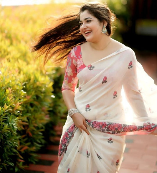 Generic Women's Linen Floral Printed Saree With Unstitched Blouse - 5.5 Mtr (Off White)