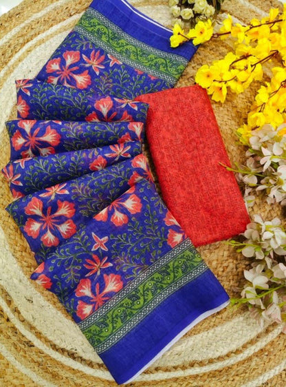 Generic Women's Linen Floral Printed Saree With Unstitched Blouse - 5.5 Mtr (Multicolor)