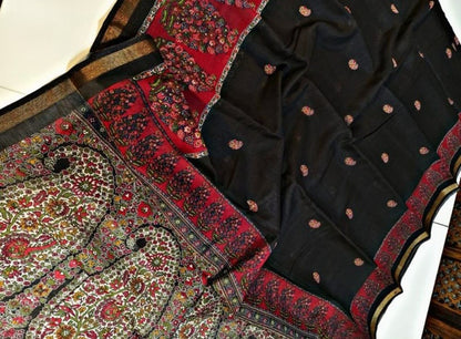 Generic Women's Linen Kalamkari Printed Saree With Unstitched Blouse - 5.5 Mtr (Black-Red)