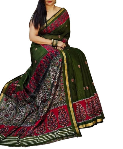 Generic Women's Linen Kalamkari Printed Saree With Unstitched Blouse - 5.5 Mtr (Green-Pink)