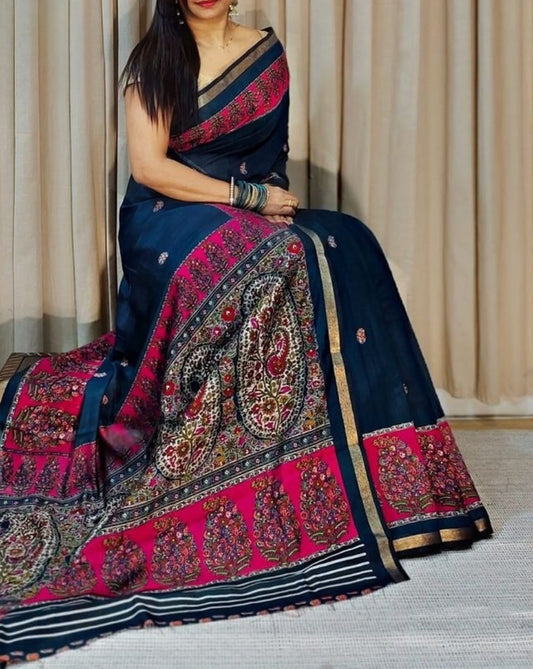 Generic Women's Linen Kalamkari Printed Saree With Unstitched Blouse - 5.5 Mtr (Navy Blue- Pink)
