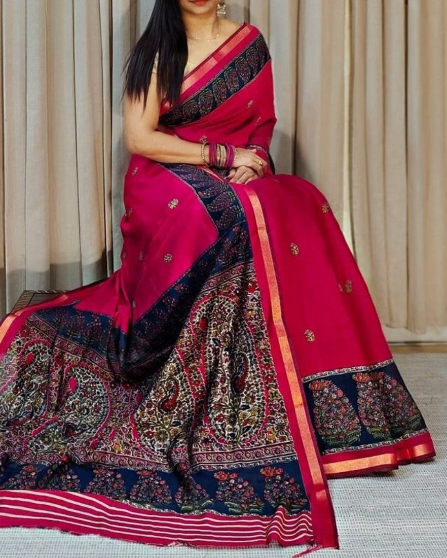 Generic Women's Linen Kalamkari Printed Saree With Unstitched Blouse - 5.5 Mtr (Pink-Navy Blue)