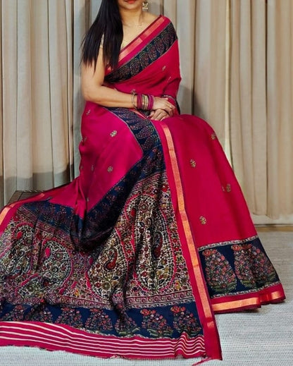 Generic Women's Linen Kalamkari Printed Saree With Unstitched Blouse - 5.5 Mtr (Pink-Navy Blue)