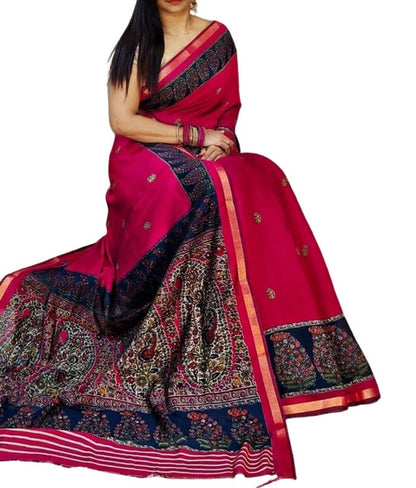 Generic Women's Linen Kalamkari Printed Saree With Unstitched Blouse - 5.5 Mtr (Pink-Navy Blue)