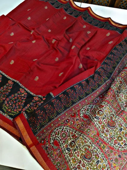 Generic Women's Linen Kalamkari Printed Saree With Unstitched Blouse - 5.5 Mtr (Red-Navy Blue)