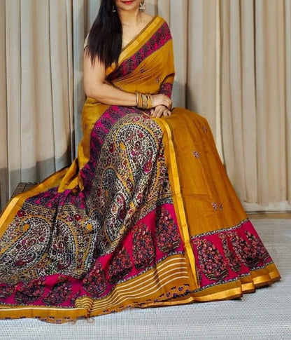 Generic Women's Linen Kalamkari Printed Saree With Unstitched Blouse - 5.5 Mtr (Mustard-Yellow-Magenta)