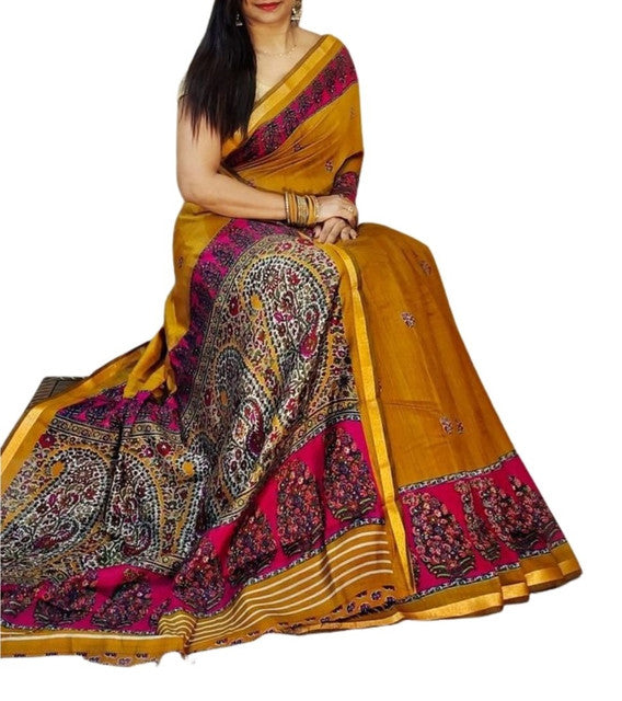 Generic Women's Linen Kalamkari Printed Saree With Unstitched Blouse - 5.5 Mtr (Mustard-Yellow-Magenta)