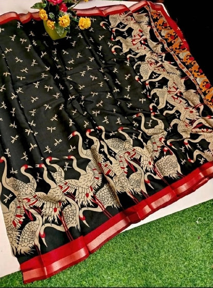 Generic Women's Linen Kalamkari Printed Saree With Unstitched Blouse - 5.5 Mtr (Black-Red)