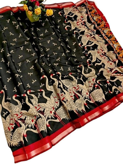 Generic Women's Linen Kalamkari Printed Saree With Unstitched Blouse - 5.5 Mtr (Black-Red)