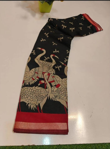 Generic Women's Linen Kalamkari Printed Saree With Unstitched Blouse - 5.5 Mtr (Black-Red)