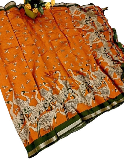 Generic Women's Linen Kalamkari Printed Saree With Unstitched Blouse - 5.5 Mtr (Orange-Green)