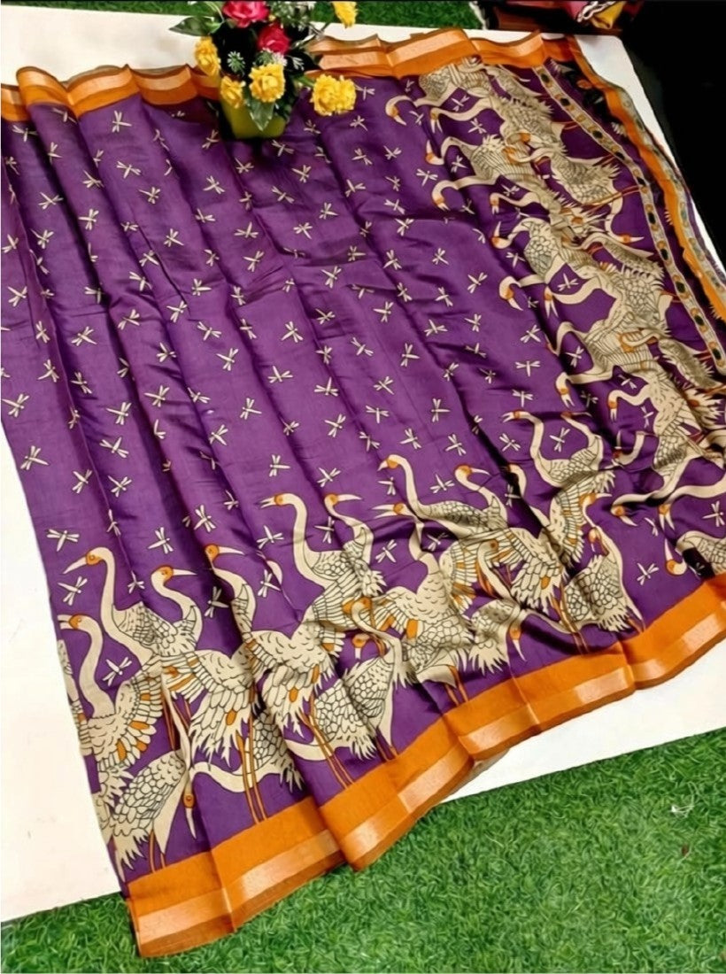 Generic Women's Linen Kalamkari Printed Saree With Unstitched Blouse - 5.5 Mtr (Purple-Orange)