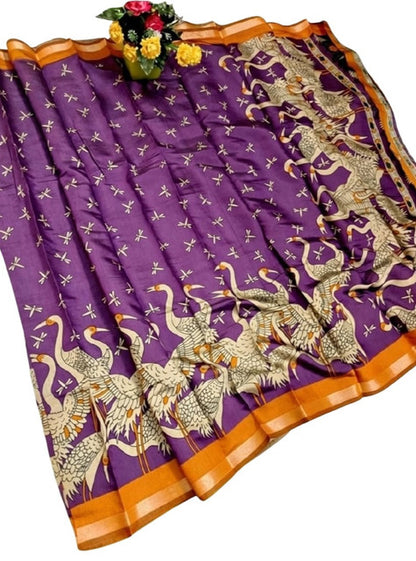 Generic Women's Linen Kalamkari Printed Saree With Unstitched Blouse - 5.5 Mtr (Purple-Orange)