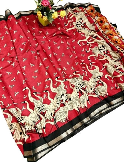 Generic Women's Linen Kalamkari Printed Saree With Unstitched Blouse - 5.5 Mtr (Red-Black)
