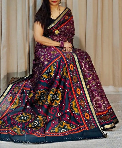Generic Women's Linen Printed Saree With Unstitched Blouse - 5.5 Mtr (Purple-Navy Blue)