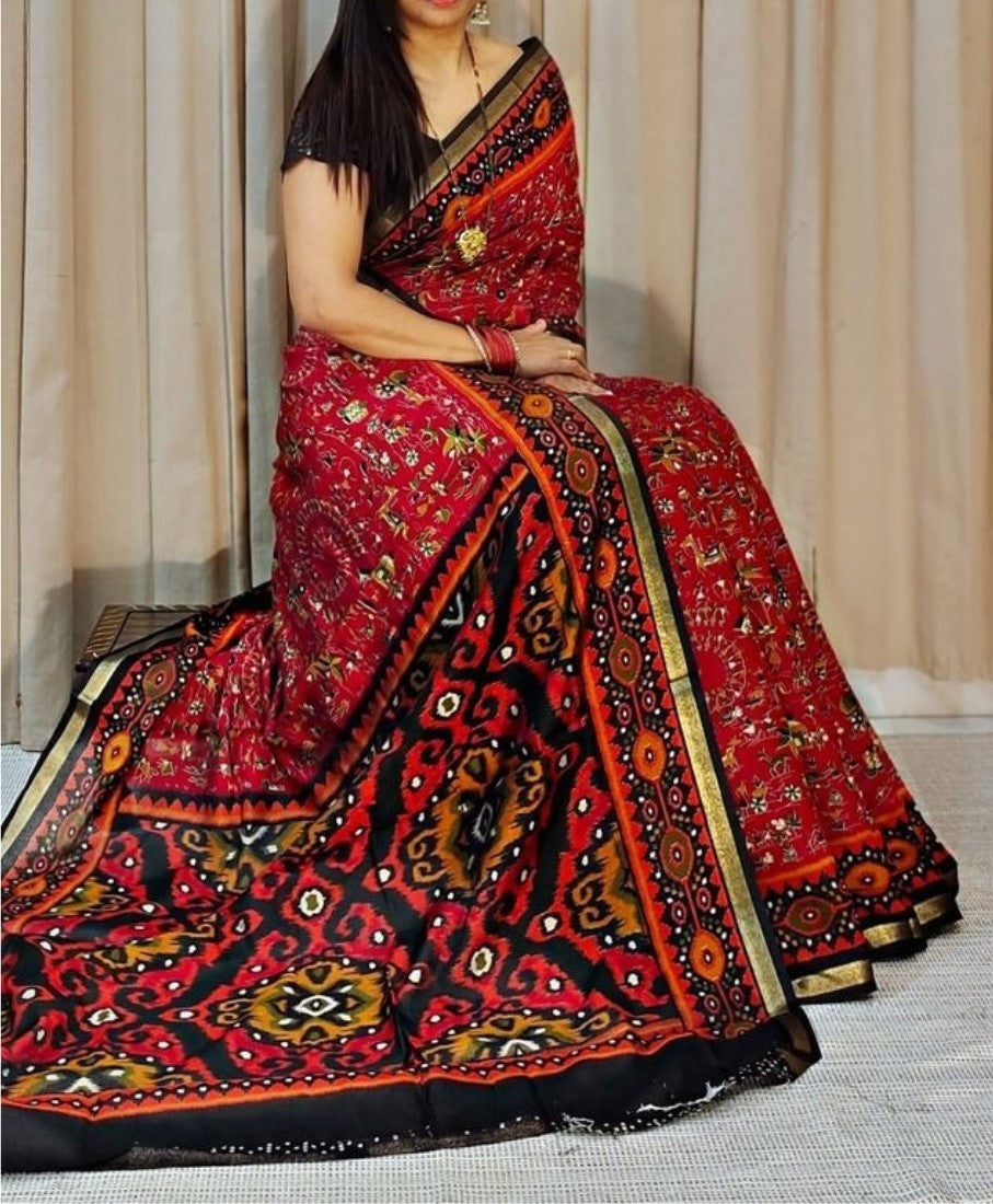 Generic Women's Linen Printed Saree With Unstitched Blouse - 5.5 Mtr (Red-Black)