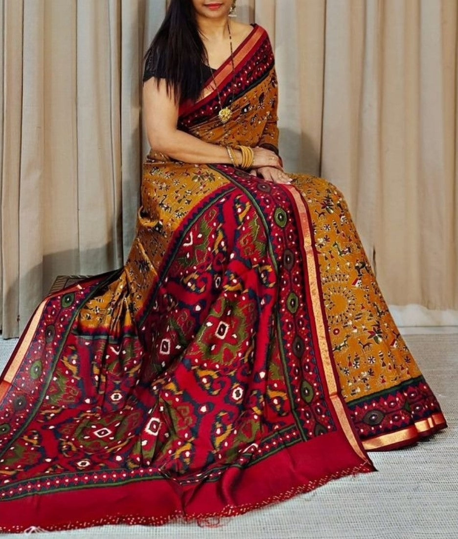 Generic Women's Linen Printed Saree With Unstitched Blouse - 5.5 Mtr (Mustard Yellow-Red)