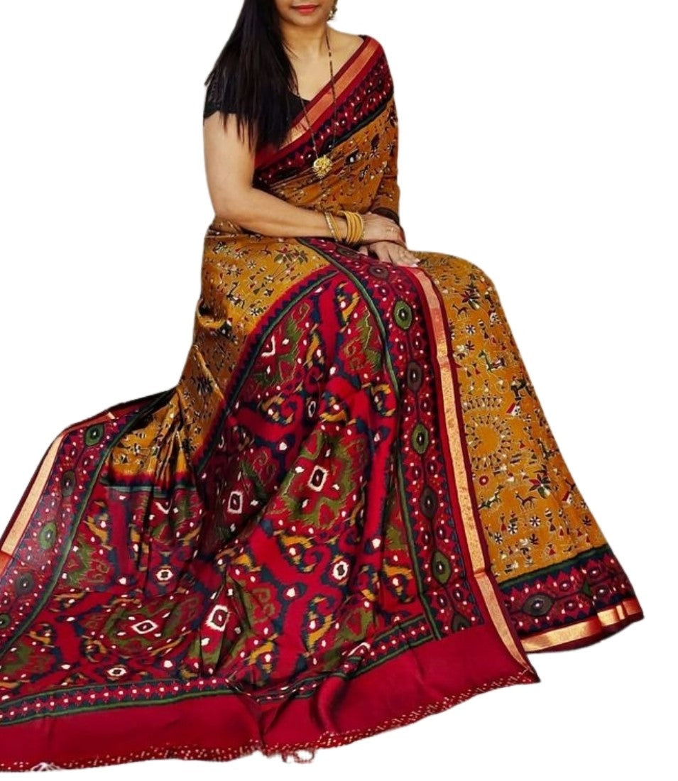 Generic Women's Linen Printed Saree With Unstitched Blouse - 5.5 Mtr (Mustard Yellow-Red)