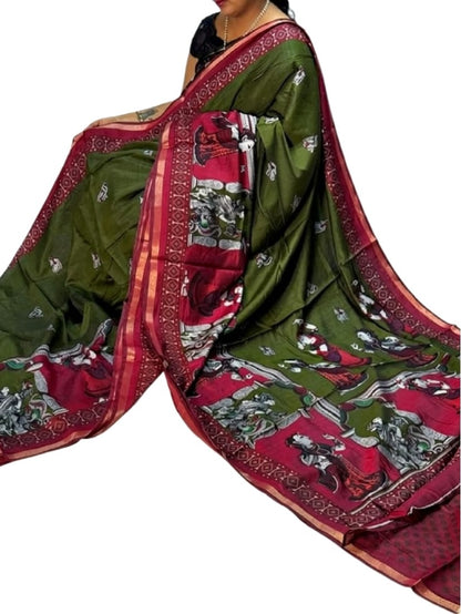 Generic Women's Linen Kalamkari Printed Saree With Unstitched Blouse - 5.5 Mtr (Olive Green-Maroon)