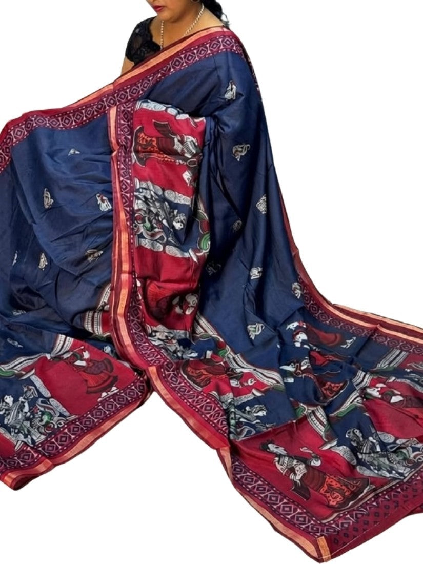 Generic Women's Linen Kalamkari Printed Saree With Unstitched Blouse - 5.5 Mtr (Navy Blue-Maroon)