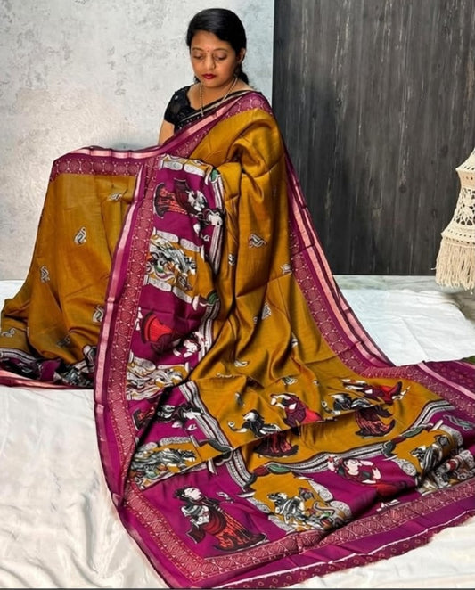 Generic Women's Linen Kalamkari Printed Saree With Unstitched Blouse - 5.5 Mtr (Mustard Yellow-Magenta)