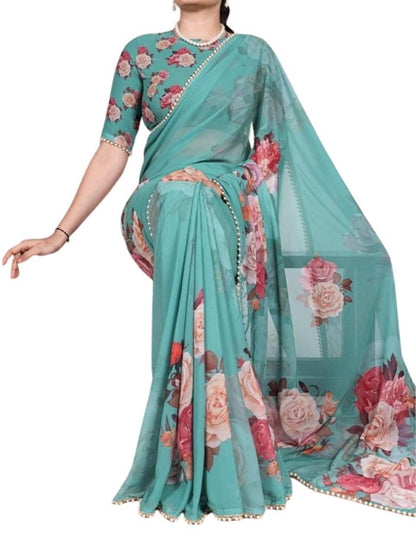 Generic Women's Georgette Floral Printed Saree With Unstitched Blouse - 5.5 Mtr (Aqua Blue)