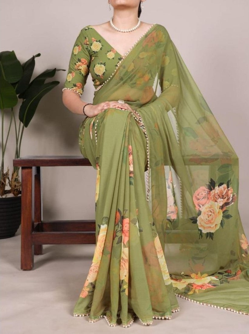 Generic Women's Georgette Floral Printed Saree With Unstitched Blouse - 5.5 Mtr (Green)