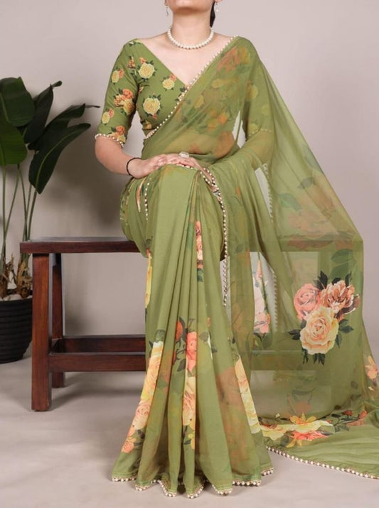 Generic Women's Georgette Floral Printed Saree With Unstitched Blouse - 5.5 Mtr (Green)