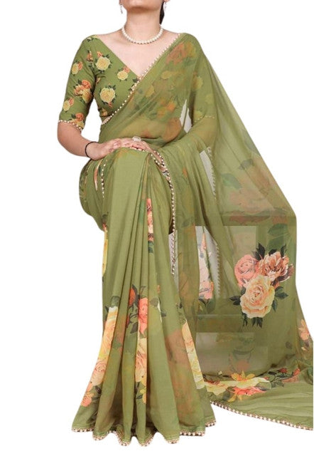 Generic Women's Georgette Floral Printed Saree With Unstitched Blouse - 5.5 Mtr (Green)